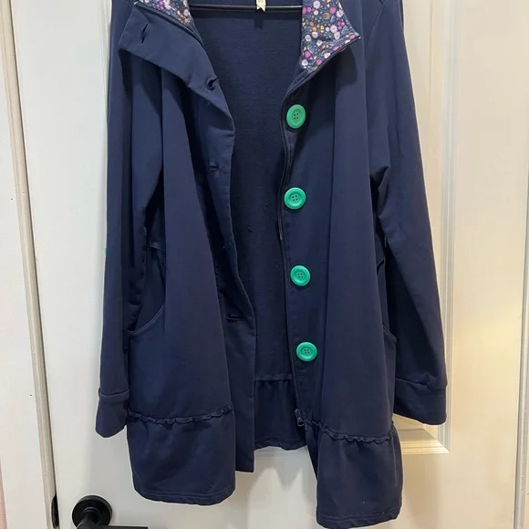 Matilda Jane Navy zip & Button-Front Women's Coat with Floral Trim - Picture 2 of 2